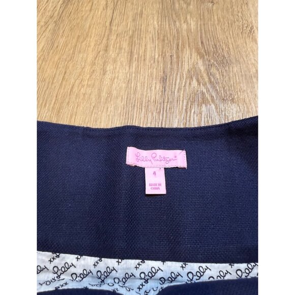 Lilly Pulitzer Navy A-Line Skirt Sz 4 With Striped Waistband & Bow Accent Cotton - Picture 3 of 6